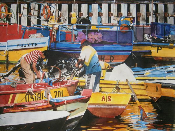 Fishermen-at-work-watercolor-painting-by-Sujith-Puthran